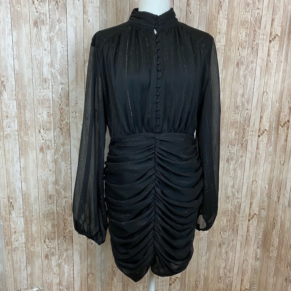 House of Harlow 1960 Long‎ Sleeve Ruched Skirt Button Front Metallic Lurex Dress